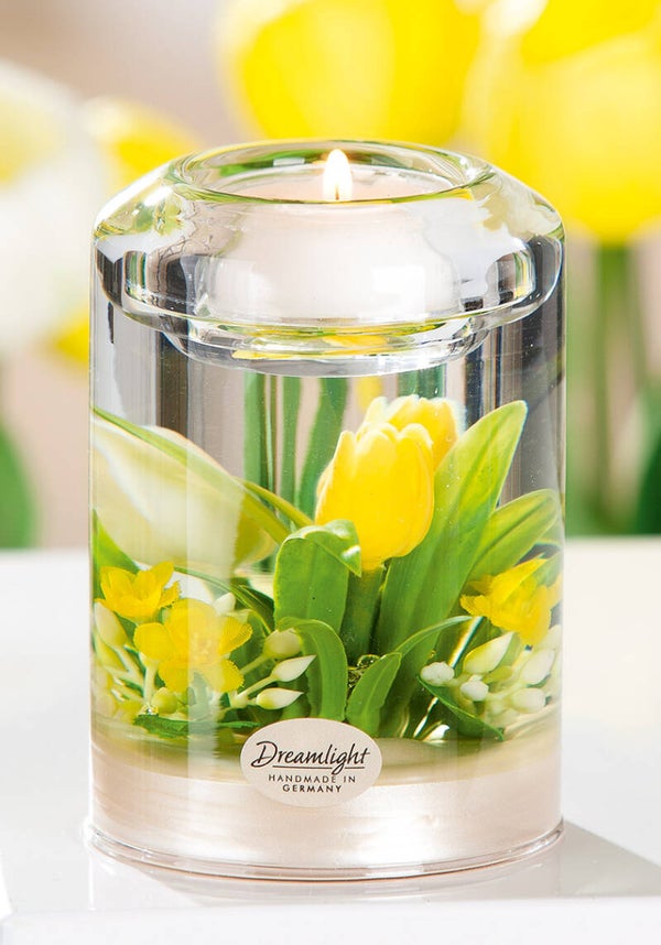 Gilde Dreamlight Candela Classic – Tulip Yellow & White – Glazen Theelichthouder – 10,5 cm