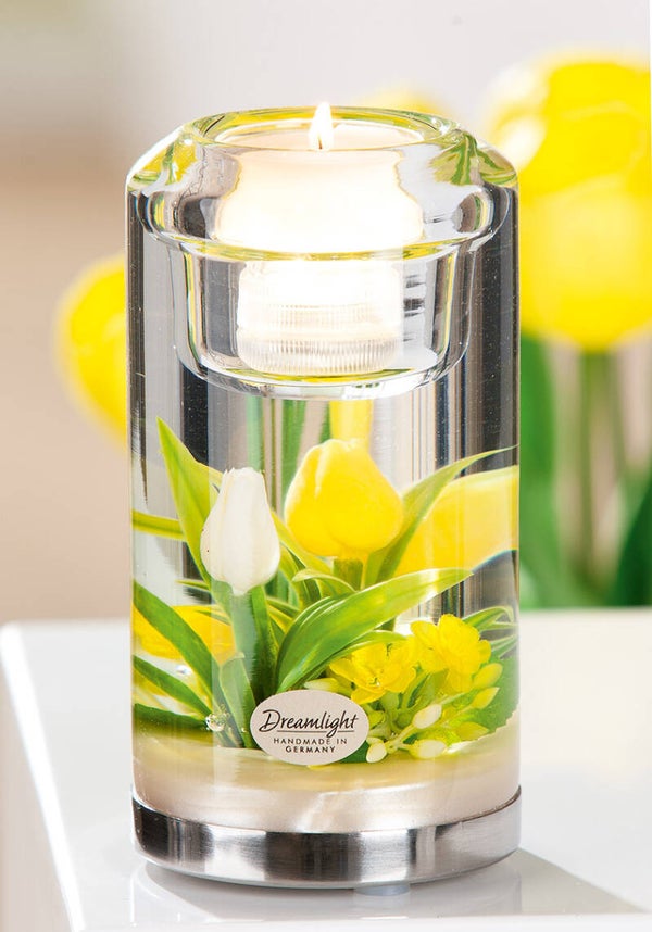 Gilde Dreamlight Candela Classic LED – Tulip Yellow & White – Glazen Theelichthouder – 14,5 cm