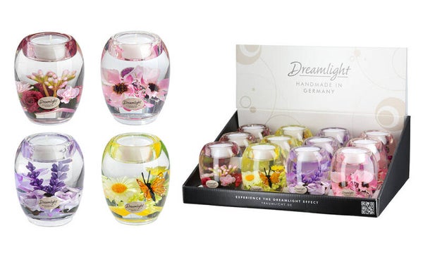 Gilde Dreamlight Flower Season – Glazen Theelichthouder Elips – 9 cm – 4 Bloemendesigns