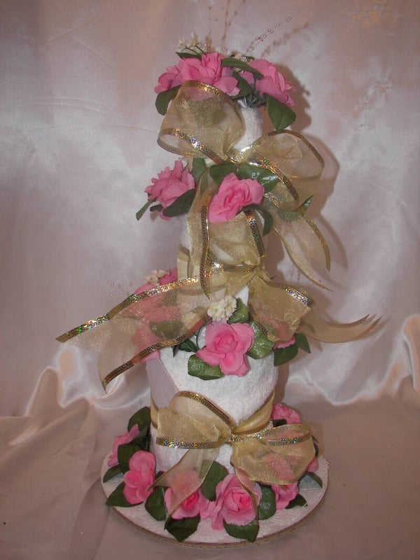 White and Pink Wedding Towel Cake