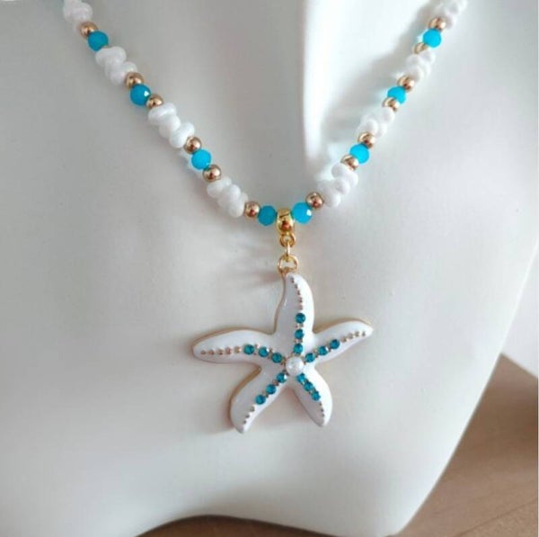 Blauw witte dames ketting met zeester