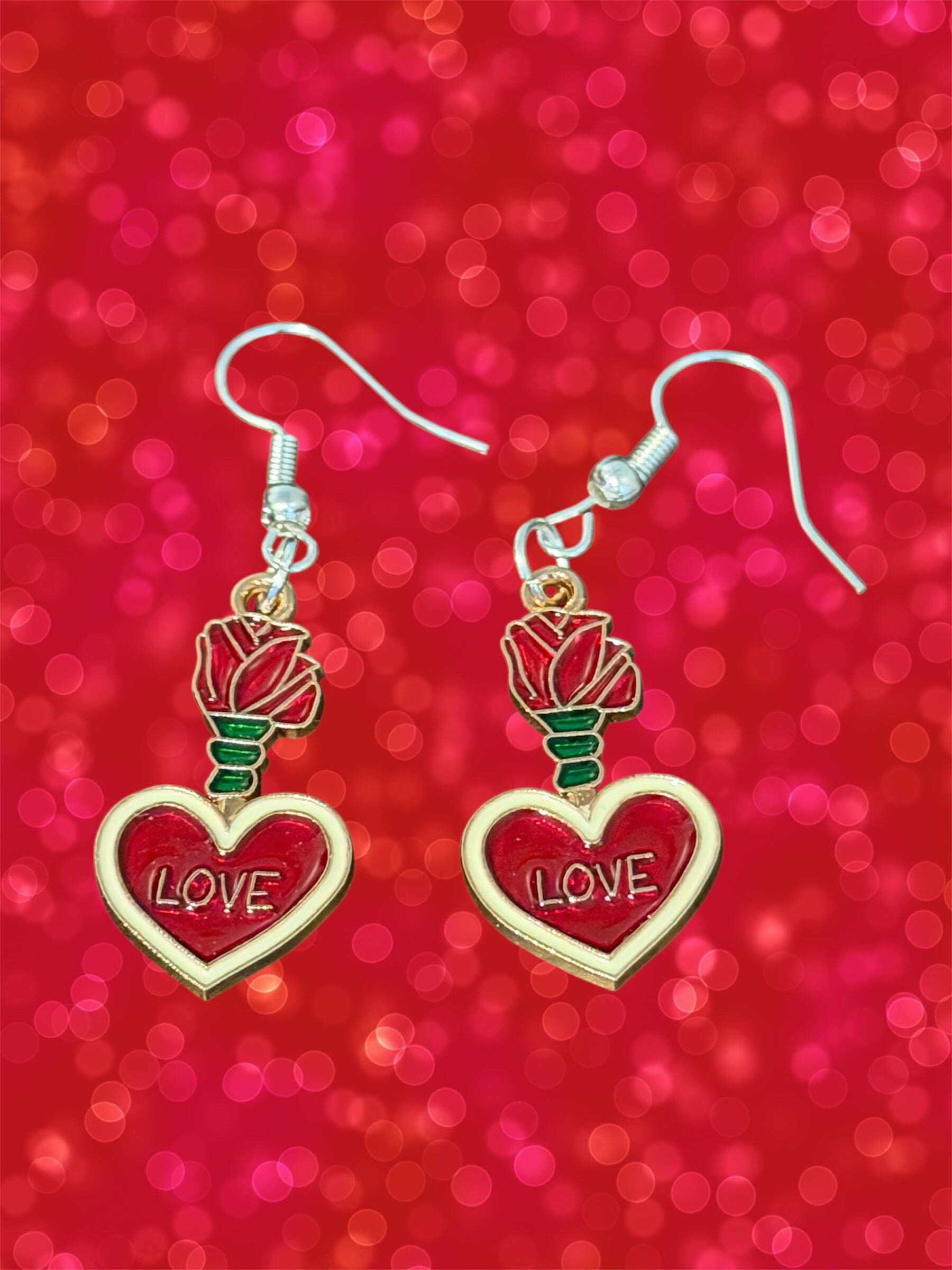 Red Heart and Rose Earrings