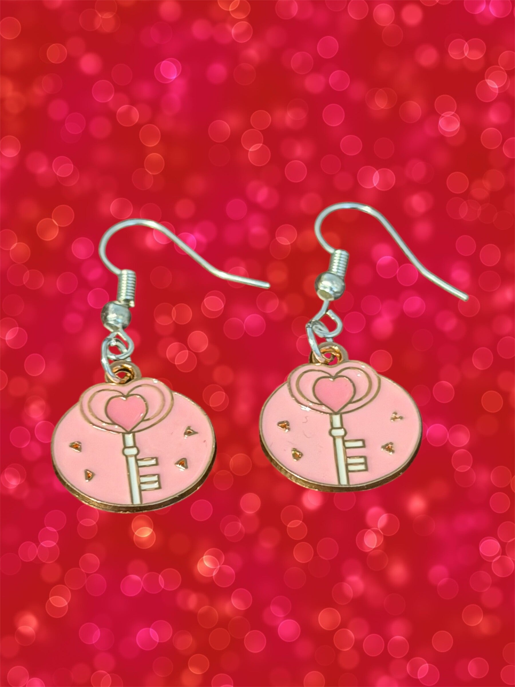 Pink Heart Key Earrings