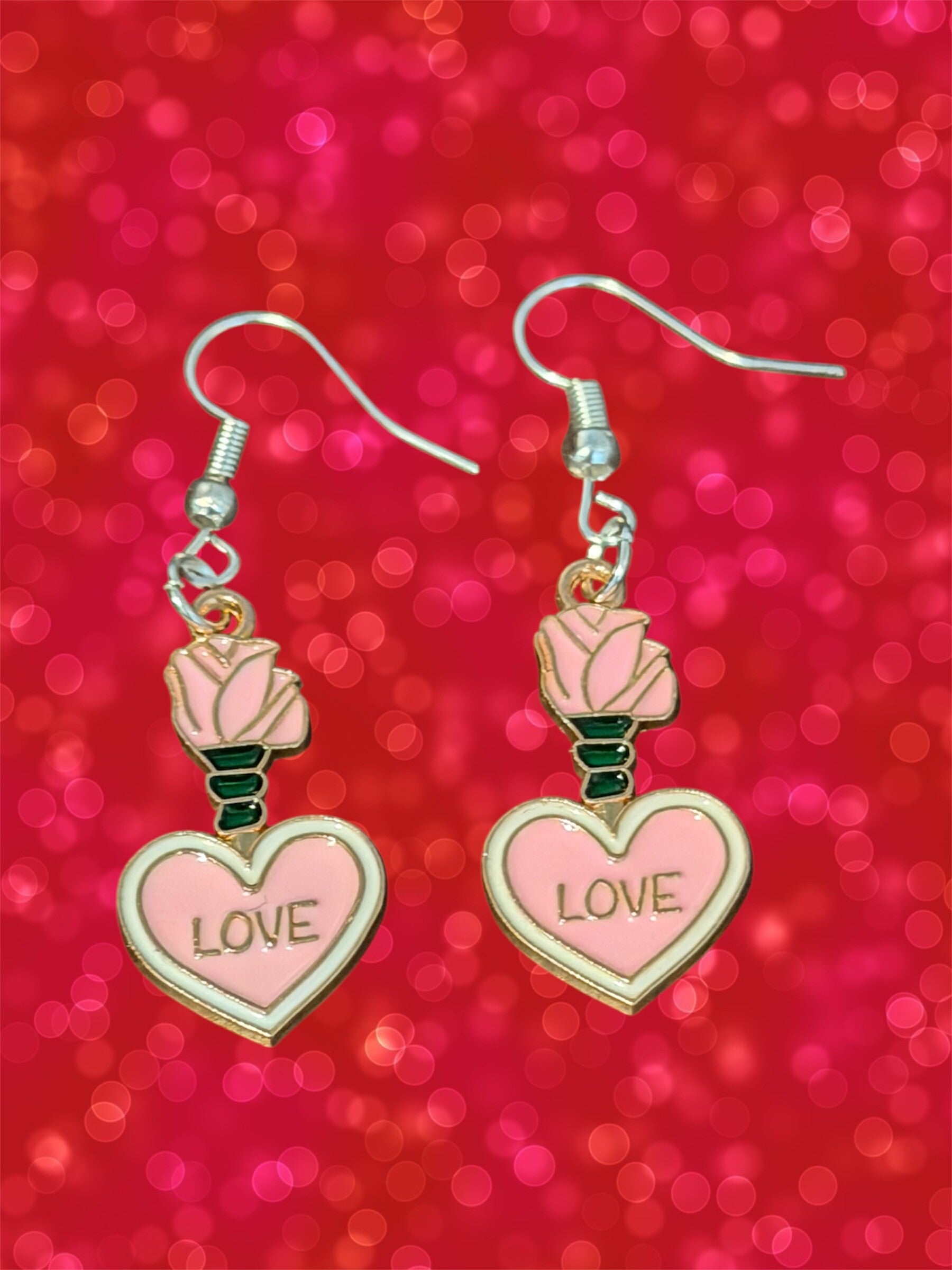 Pink Rose Heart Earrings