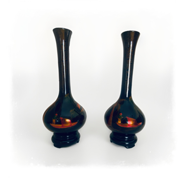 Pair Of Vintage Japanese Kutani Black Glaze Bud Vases With Gold Detail