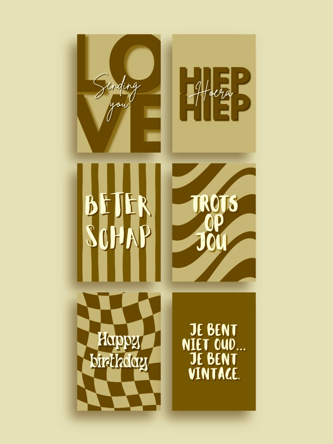 Moderne Wenskaarten Set van 6 - Verjaardag, Liefde & Beterschap (olijfgroen) (incl. enveloppen)