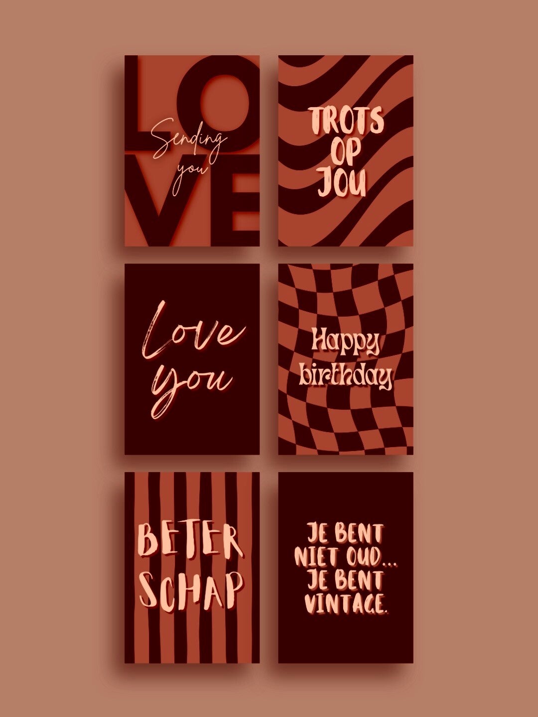 Moderne Wenskaarten Set van 6 - Verjaardag, Liefde & Beterschap (oranje-beige / bordeauxrood) (incl. enveloppen)