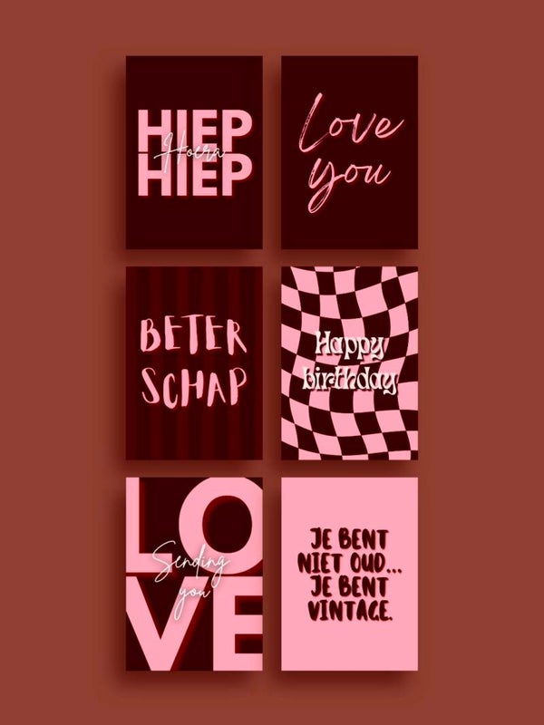Moderne Wenskaarten Set van 6 - Verjaardag, Liefde & Beterschap (incl. enveloppen)