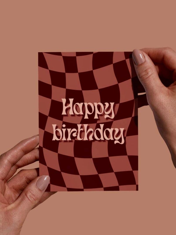 Moderne Wenskaart - Happy Birthday (Bordeauxrood/Oranje)