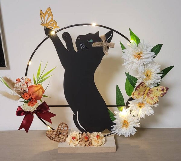 Décoration artisanale – Chat & Papillon lumineux