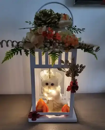 Lanterne décorative fleurie avec hibou – création artisanale – idée cadeau originale