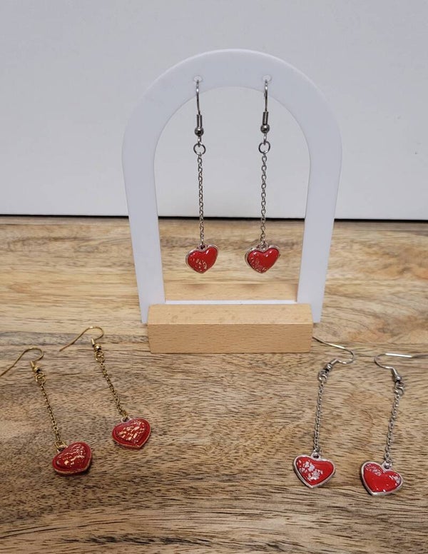 Boucles d’oreilles cœur chaîne en acier inoxydable – création artisanale pâte polymère