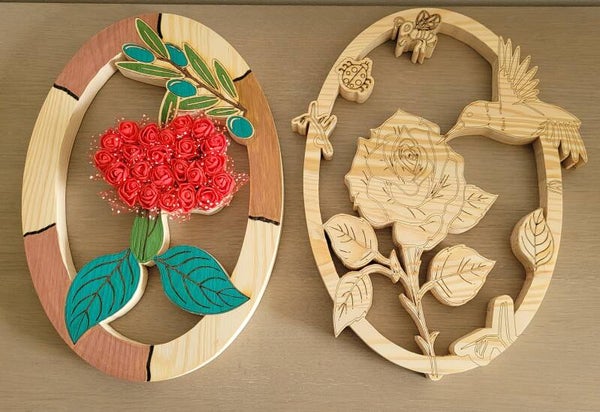 Décoration murale bois Rose & Colibri – Création artisanale fait main