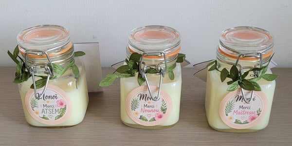 Bougie artisanale Monoï – Merci Maîtresse, ATSEM ou Nounou