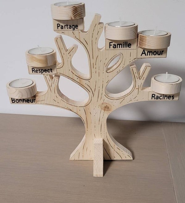 Arbre de vie décoratif en bois avec 6 porte-bougies – Fabrication artisanale