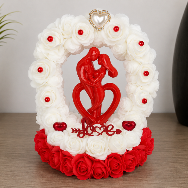 Décoration Saint-Valentin couple en fleurs en mousse avec arche – cadeau romantique fait main