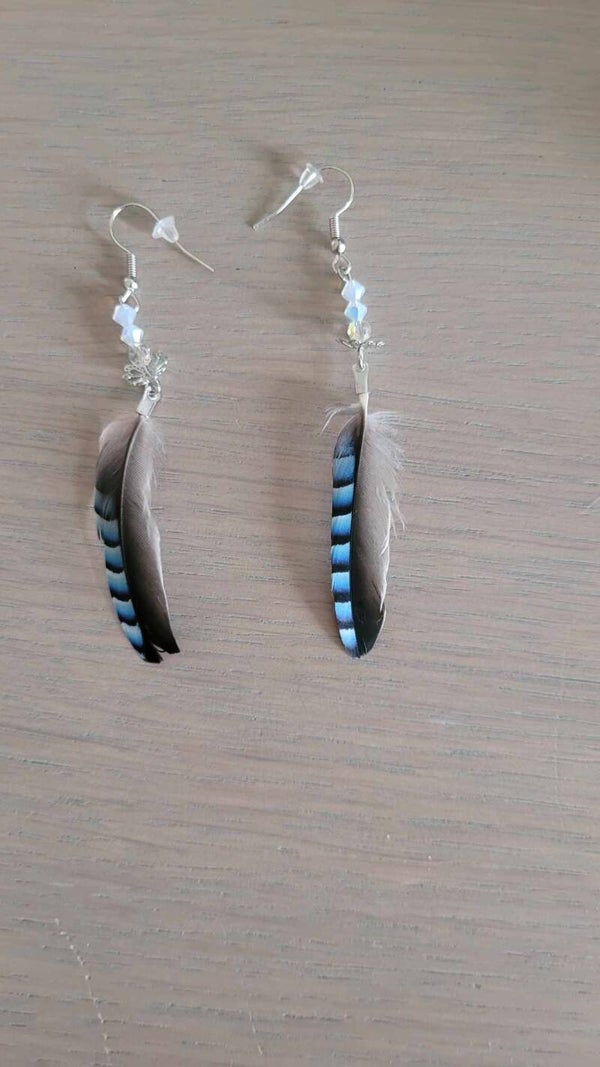 Boucles d oreilles en plume de geai avec cristaux swarovsky