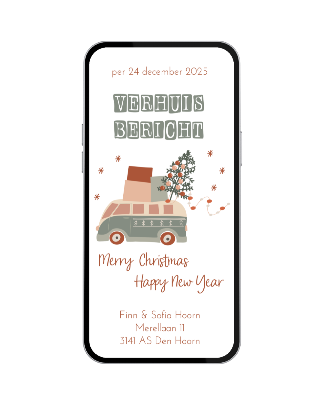 Digitale verhuiskaart: Verhuisbericht Volkswagenbus Merry Christmas Happy New Year  - Nr. 012
