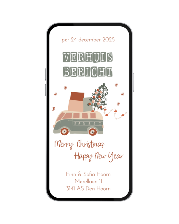 Digitale verhuiskaart: Verhuisbericht Volkswagenbus Merry Christmas Happy New Year  - Nr. 012