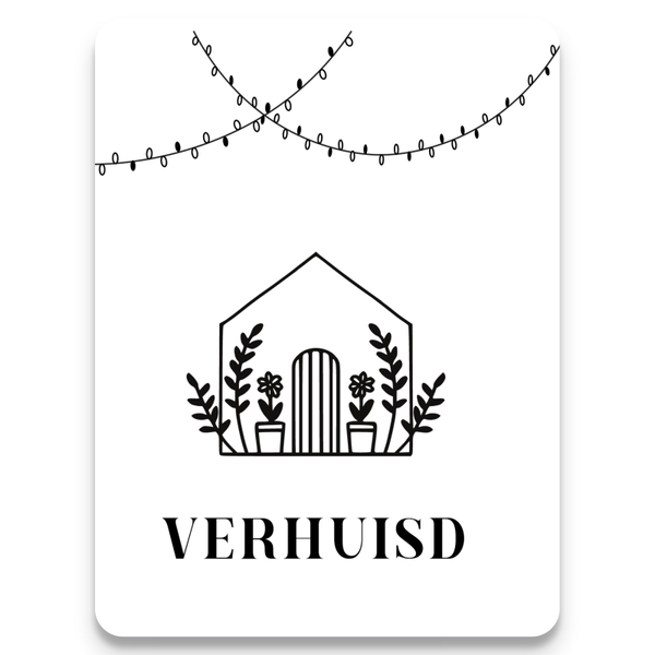 Verhuiskaart - Verhuisd met lampjes slinger - zwart-wit