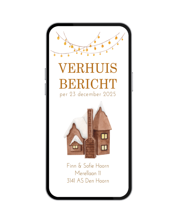 Digitale verhuiskaart: Verhuisbericht Bruine huisjes met sneeuw - Nr. 010