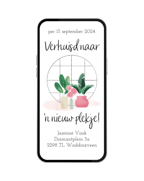 Digitale Verhuiskaart: Verhuisd naar een nieuw plekje (roze vaas) - Nr. 002