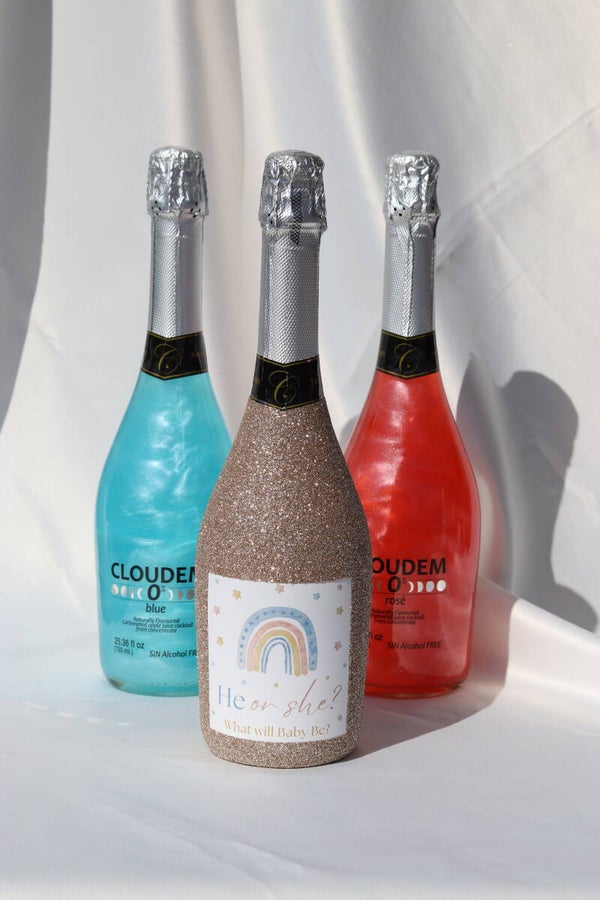 Gender reveal glitterfles - He or she champagne goud