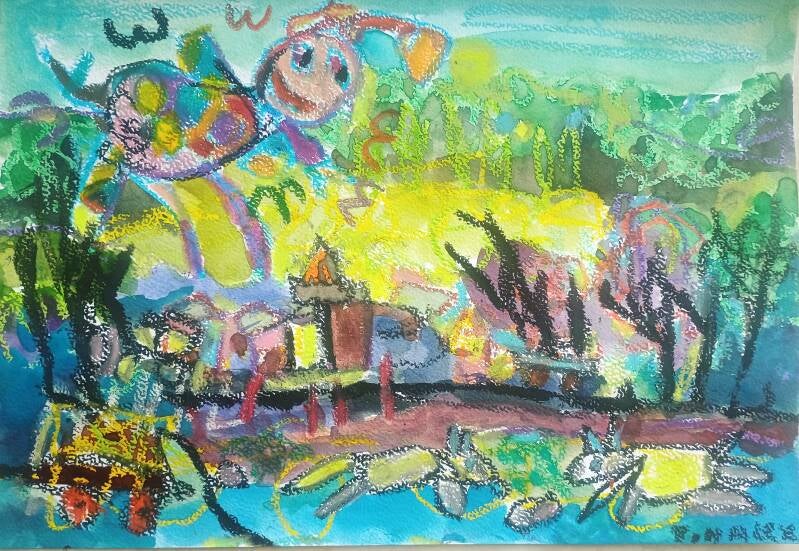 Happy insect flying over Dom -le- Mesnil drawing by Alex and Jimmy 