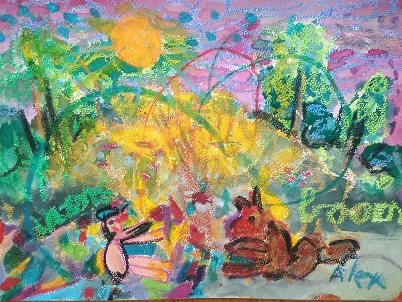 Jimmy and a squirrel in the Reserve Naturelle d'Emael drawing by Alex and Jimmy 