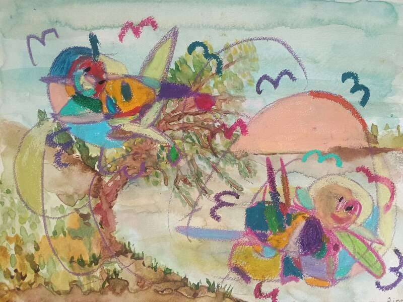 Two insects at the river drawing by Tim and Rainbow Remi and Jimmy 