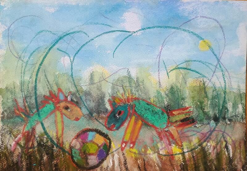 Two horses playing with a ball protected by Magic Circles drawing by Tim and Rainbow Remi and Jimmy Groen 
