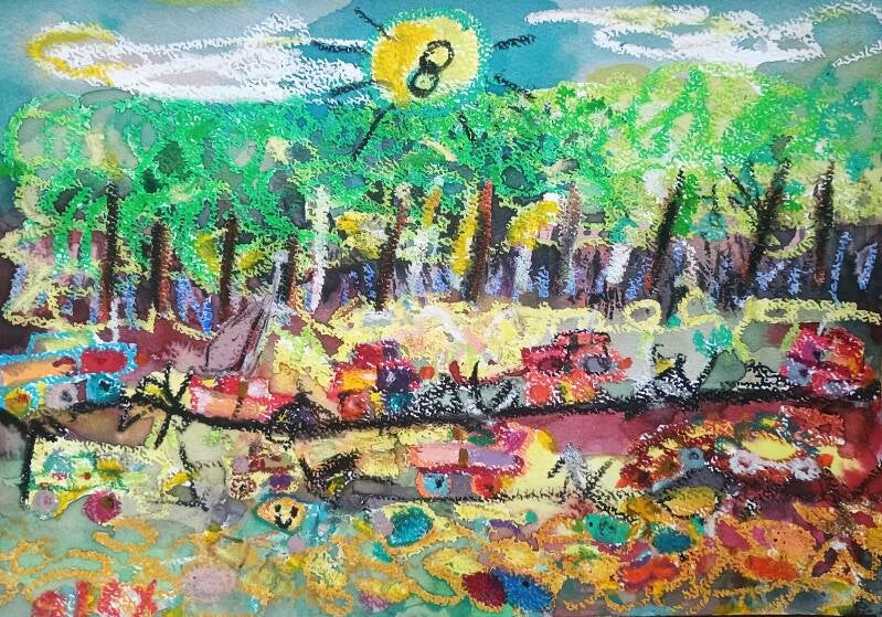 Meadow near Munsterbilzen with barbed wire used as a highway for Magic Toy cars drawing by Alex and Jimmy 