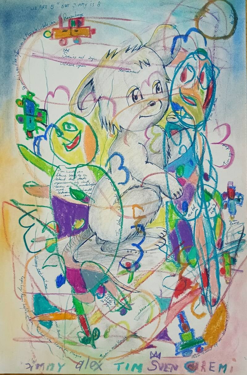 We are 5 but Jimmy is 8 drawing by Tim and Alex and Rainbow Remi and King Sven and Jimmy 