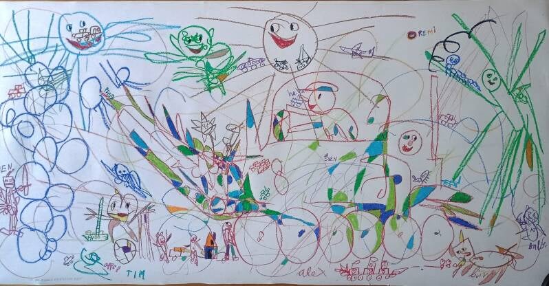Stage 2 of Alex's Ball puncture machine  oil pastel on paper 75 x 150 cm with Alex , Rainbow Remi , King Sven and Tim 