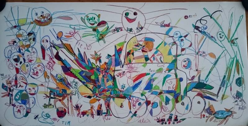 Stage 3 of Alex's Ball puncture machine  oil pastel on paper 75 x 150 cm with Alex , Rainbow Remi , King Sven and Tim 