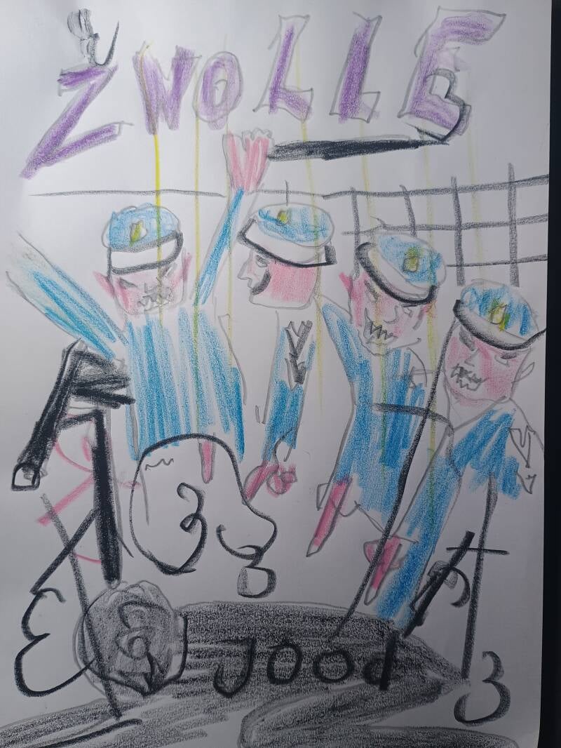 Police violence in a polce statyion drawing by Jimmy Groen