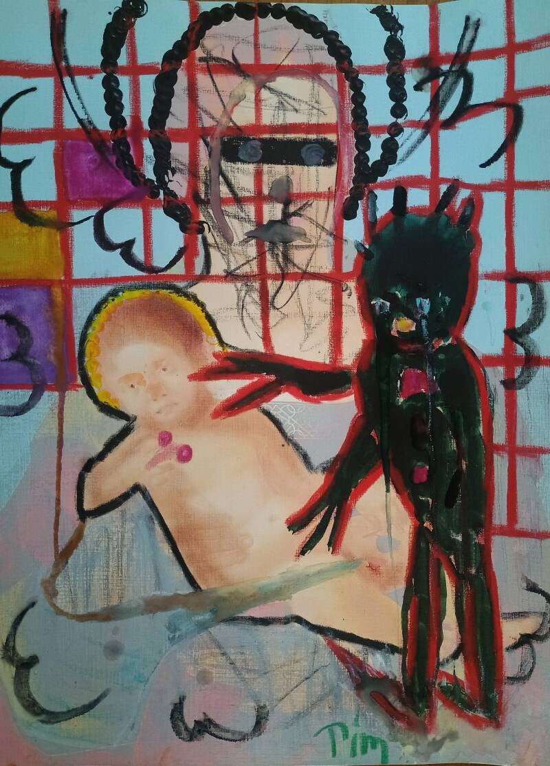 Tim and the Holy baby, crossing out Madonna mixed media artwork by Tim and Jimmy