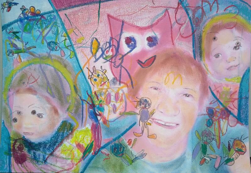 Appy together mixed media drawing depicting Tim  and Alex and Jimmy Groen