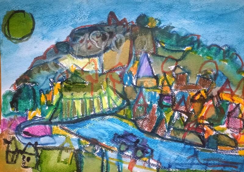 View on Kanne (Belgium) by Alex (7,8)  finished by Jimmy  oil pastel on paper 20 x 30 cm 2026