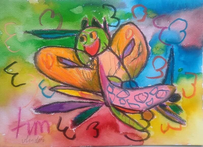 Happy butterfly by Tim  20 x 30 cm oil pastel and watercolor   on watercolor paper