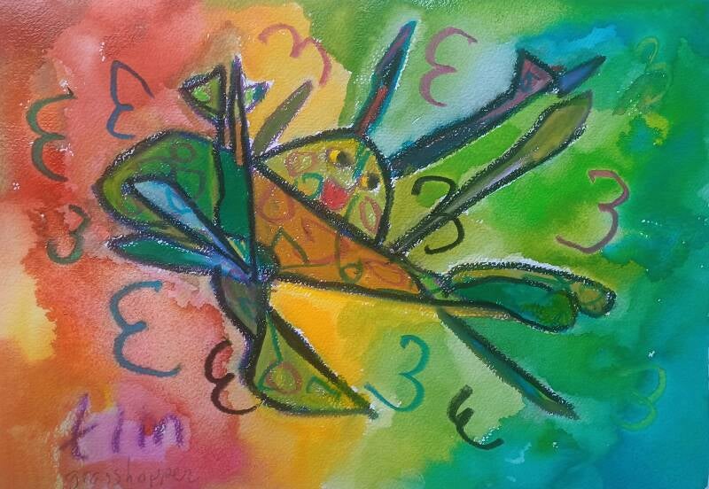 Grasshopper by Tim  20 x 30 cm oil pastel and watercolor on  paper
