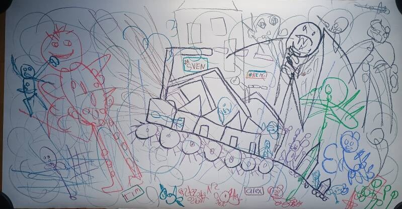 Stage 1(initial stage) of Time  oil pastel on paper 75 x 150 cm with Alex, Rainbow Remi, King Sven and Tim 