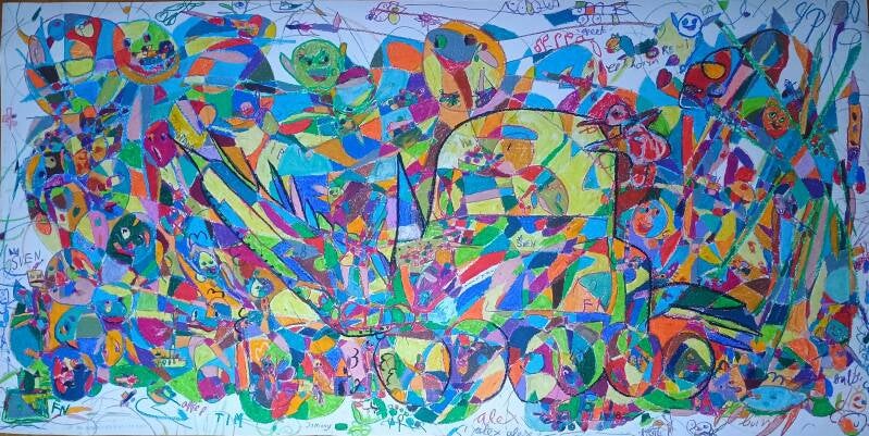 Ball punture machine of Alex oil pastel drawing  by Tim, Alex, Rainbow Remi, King Sven and Jimmy in many colors and shapes