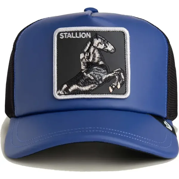 Goorin Bros LFG Stallion Gorra tipo camionero «The Farm» azul y negra con diseño de caballo.