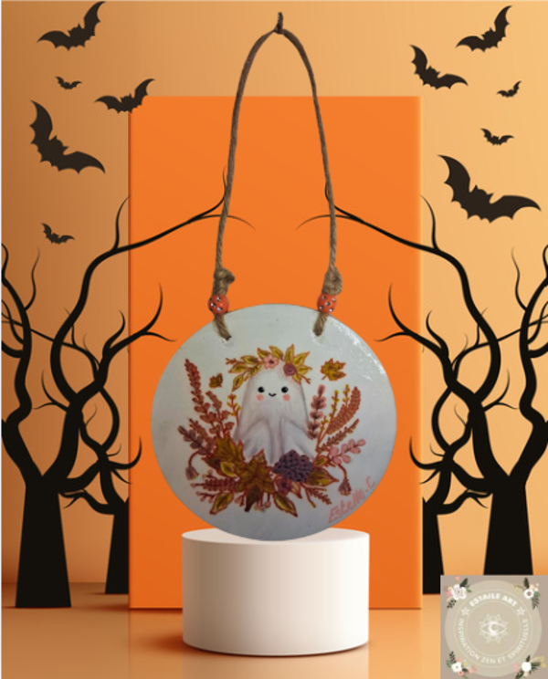 👻 Suspension Fantôme – Peinture sur bois ronde