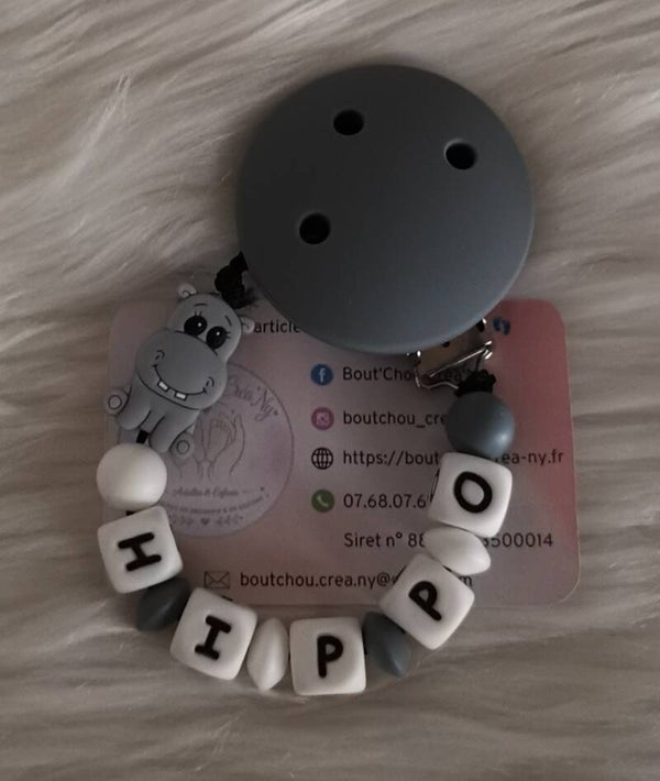 Attache tétine en silicone motif Hippopotame