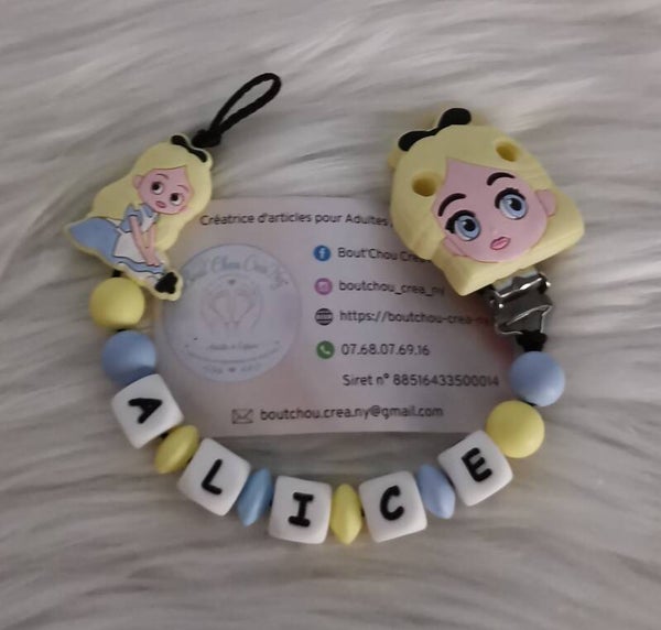 Attache tétine en silicone motif Alice