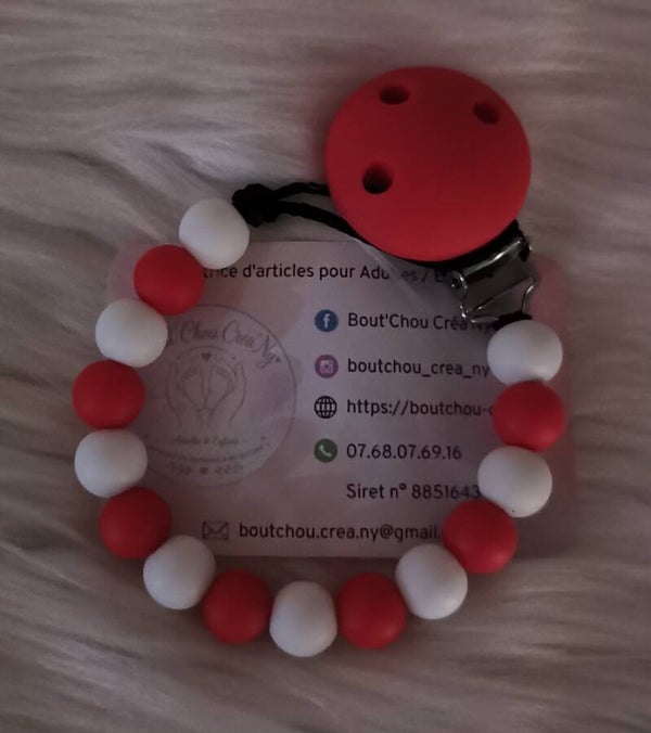 Attache tétine en silicone sans prénom Blanc / Rouge