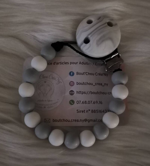Attache tétine en silicone sans prénom Blanc / Gris
