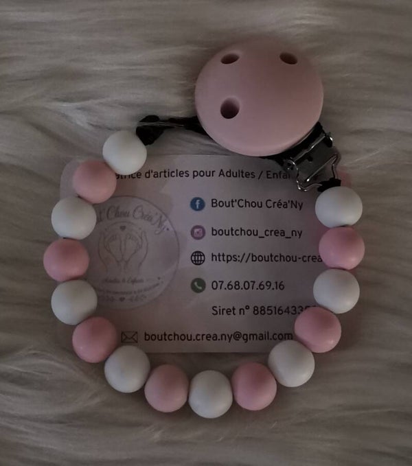 Attache tétine en silicone sans prénom Blanc / Rose clair